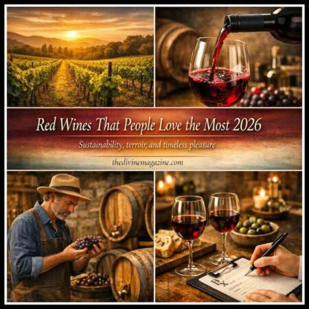 Elegant red wine being poured into a glass at sunset vineyard.