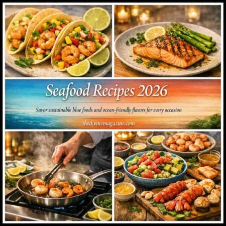 Delicious seafood dishes including shrimp tacos, grilled salmon, and seafood salad for any occasion.