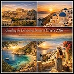 Unveiling the Enchanting Beauty of Greece Beautiful sunset over Santorini with iconic white buildings and blue domes.
