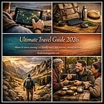 Ultimate Travel Guide 2026 Traveler using a tablet with a map, outdoor gear, and friends enjoying a meal in nature.