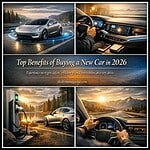 Modern new car driving on scenic road with advanced dashboard features.