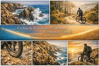 Cyclist riding along rugged trails in Sintra's lush landscape and coastal cliffs.