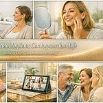 Woman smiling after dental implant consultation with dentist.