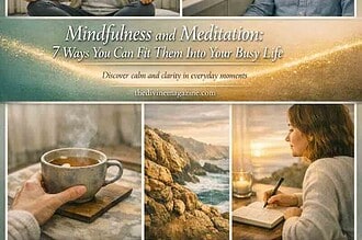 Woman meditating indoors, man on train, tea, nature, woman writing, promoting mindfulness.