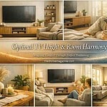 Living room with TV setup and cozy seating for optimal TV height and room harmony.