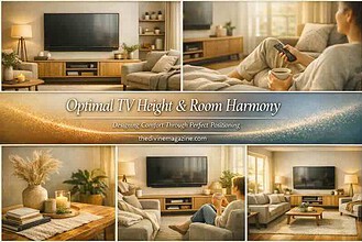 Living room with TV setup and cozy seating for optimal TV height and room harmony.