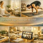 Online Yoga Courses Online yoga class for beginners and advanced practitioners on a laptop.