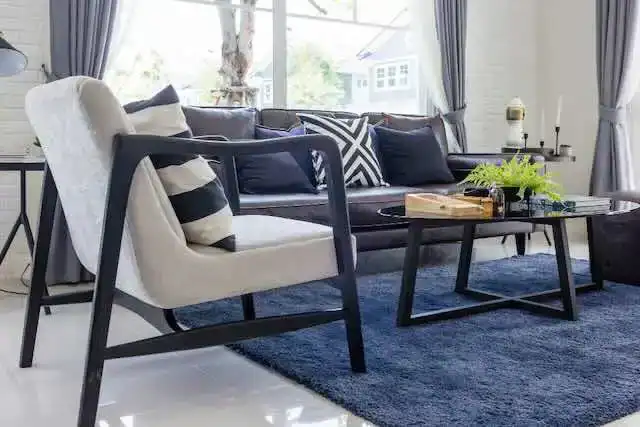 Stylish modern living room with cozy sofa and armchair, accent pillows, and elegant decor.