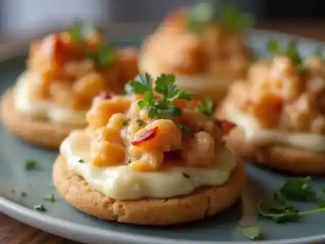 Delicious shrimp tostada appetizer with creamy sauce and fresh herbs on a toasted cookie base.