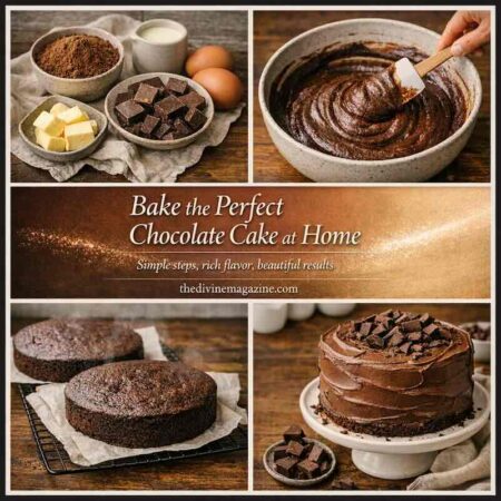 Rich chocolate cake with homemade frosting and toppings.