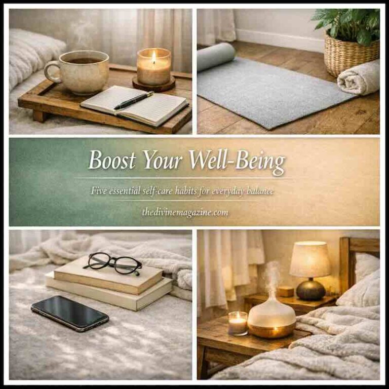 Boost Your Well-Being with 5 Essential Self-Care Tips Relaxing self-care space with cozy items for boosting your well-being and daily self-care routines.