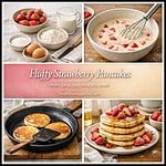 Delicious fluffy strawberry pancakes with fresh strawberries and syrup.