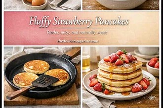 Delicious fluffy strawberry pancakes with fresh strawberries and syrup.