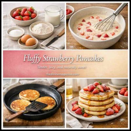 Delicious fluffy strawberry pancakes with fresh strawberries and syrup.
