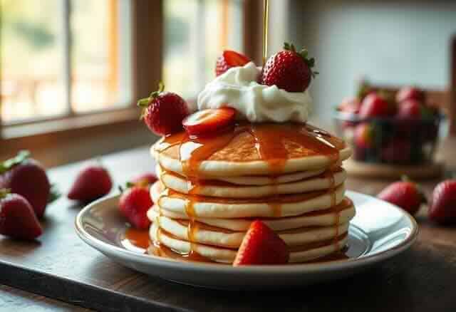 strawberry pancakes delicious and healthy recipe nll Delicious stack of fluffy pancakes topped with strawberries, whipped cream, and syrup.