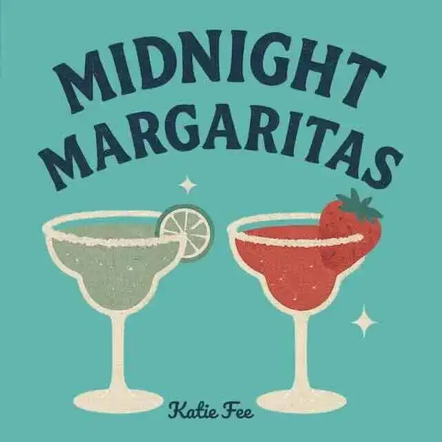 Bright illustration of two margarita glasses, one with lime and one with strawberry, on a teal background.
