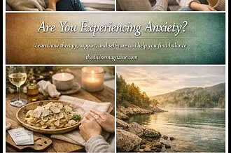 Woman talking with therapist about anxiety, relaxing nature scene, and calming activities.
