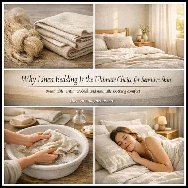Linen bedding promotes comfort for sensitive skin with breathable, antimicrobial, and natural soothi.