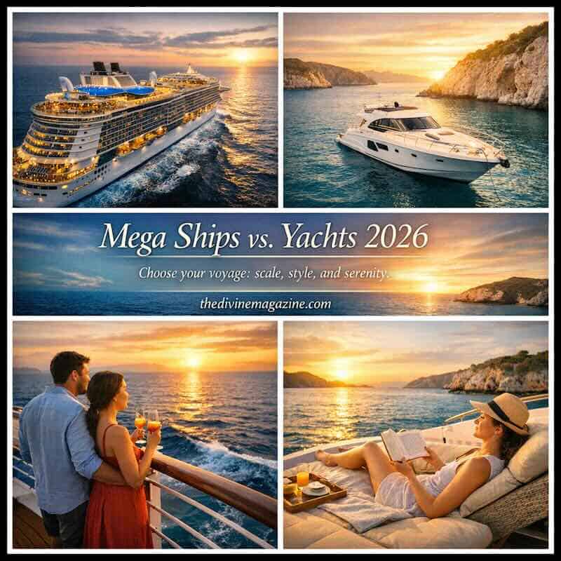 Luxury cruise ships and yachts at sunset for travel enthusiasts.