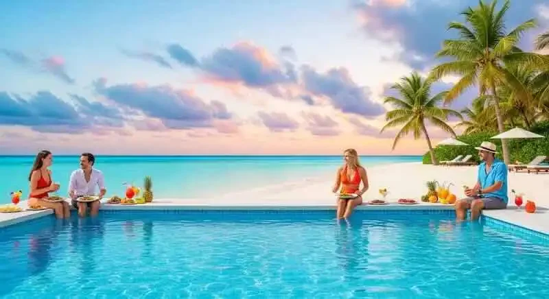 A relaxing view of an all-inclusive beach lounger at sunset