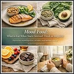 Healthy mood-boosting foods including salmon, spinach, avocado, berries, and chocolate for stress an.