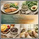 Healthy mood-boosting foods including salmon, spinach, avocado, berries, and chocolate for stress an.