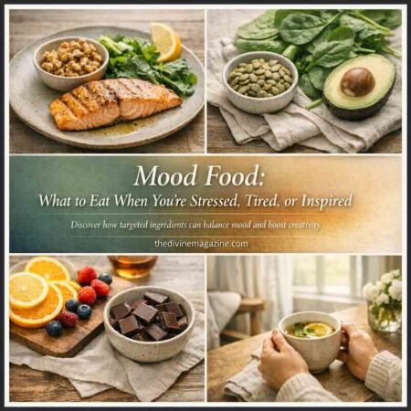 Healthy mood-boosting foods including salmon, spinach, avocado, berries, and chocolate for stress an.
