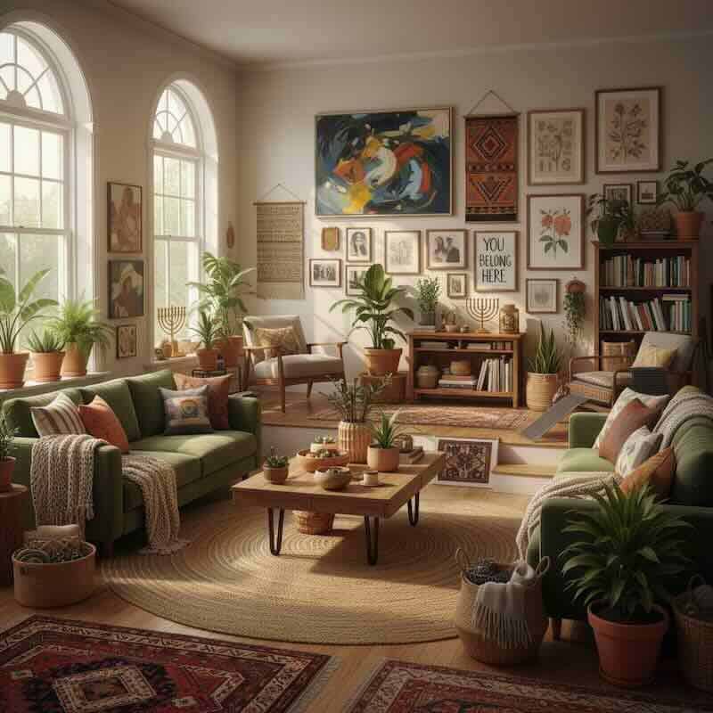 Bright, cozy boho living room with green sofas, abundant plants, and eclectic wall art.