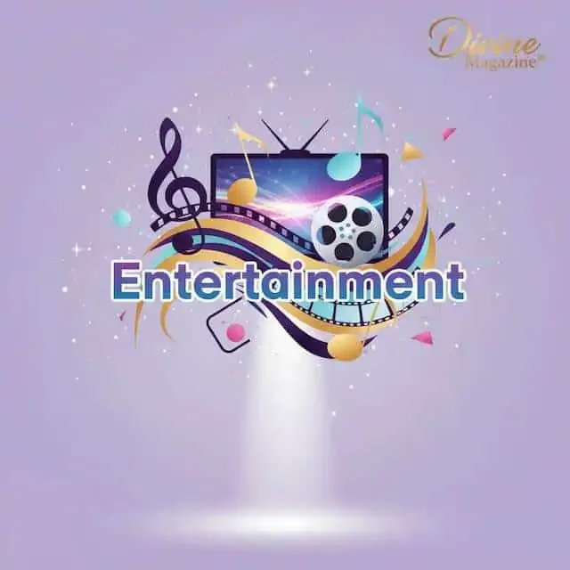 Creative entertainment imagery with music, TV, and film icons for Divine Magazine.