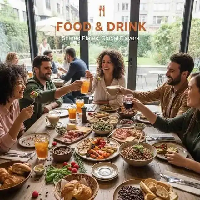 Vibrant group enjoying diverse sharing plates and drinks at a lively restaurant.