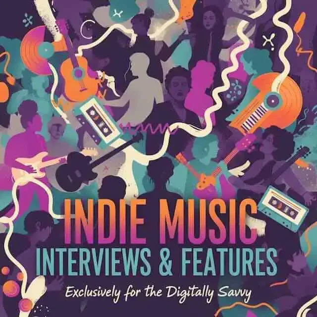 Colorful illustration of indie musicians and instruments for Indie Music Interviews & Features.