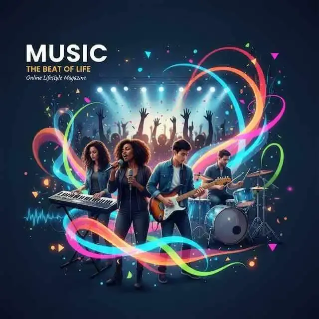 Vibrant live music performance scene with diverse band.