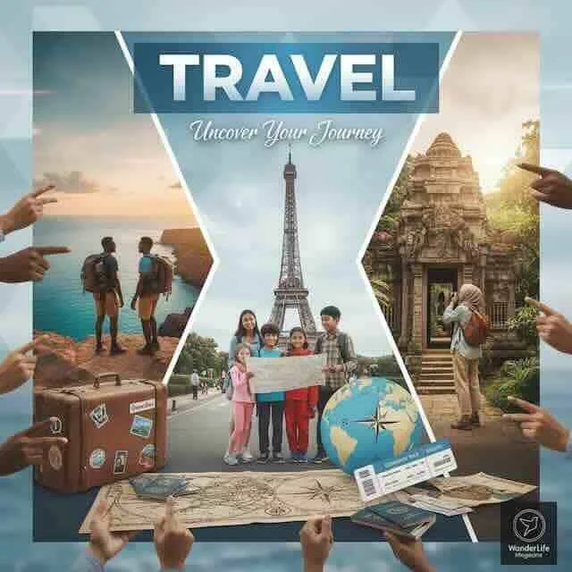 Diverse travel destinations with families, Eiffel Tower, ancient temples, global exploration, exciting journeys for travelers.