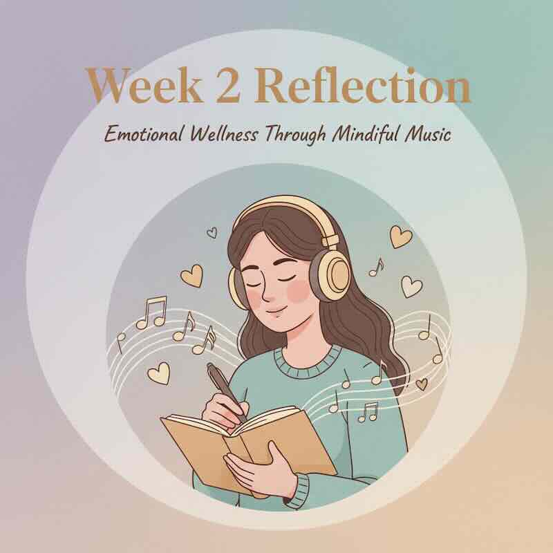 Alt text: Woman listening to music with headphones, reflecting and writing, surrounded by musical notes and hearts.