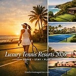 Woman walking on a tennis court at sunset with palm trees and ocean view.