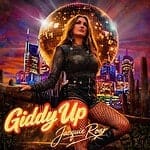 Jacquie Roar's "Giddy Up" single cover with vibrant cityscape and disco ball background.