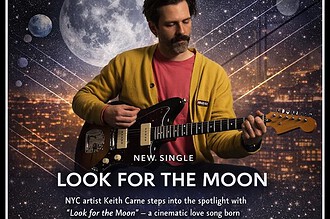Keith Carne playing guitar with a cosmic moon background, promoting his new single "Look for the Moo.