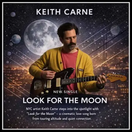 Keith Carne: From We Are Scientists Drummer to Solo Synth-Pop Visionary Keith Carne playing guitar with a cosmic moon background, promoting his new single "Look for the Moo.