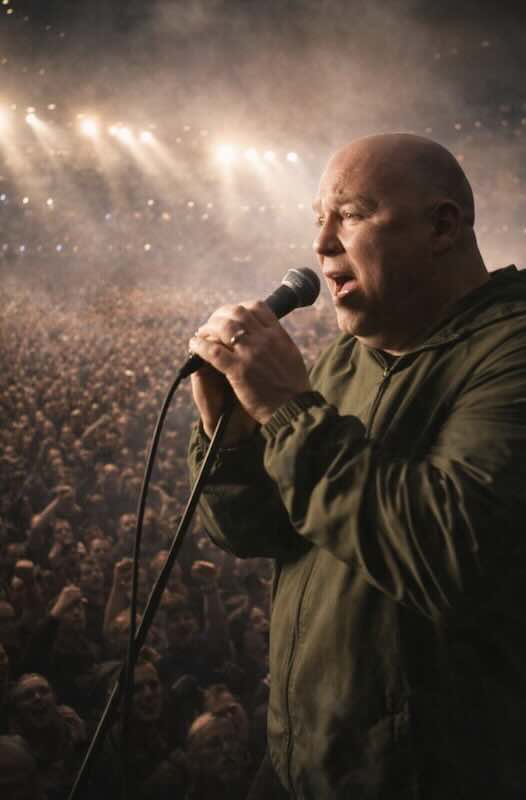 Mick Rochford singing into a microphone during a concert with a large audience.