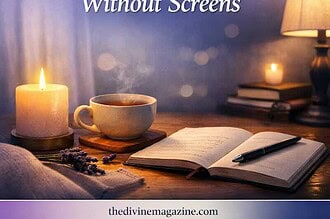 Cozy evening scene with candle, book, and tea for screen-free relaxation.