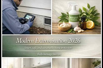 Modern pest control methods used around house foundations and interiors.