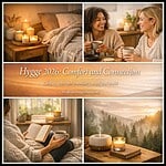 Warm cozy scene with candles, books, and friends enjoying Hygge lifestyle.