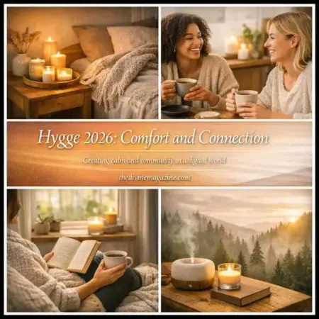 Warm cozy scene with candles, books, and friends enjoying Hygge lifestyle.