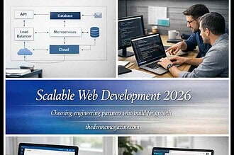 Team working on web application development with data charts and cloud infrastructure.