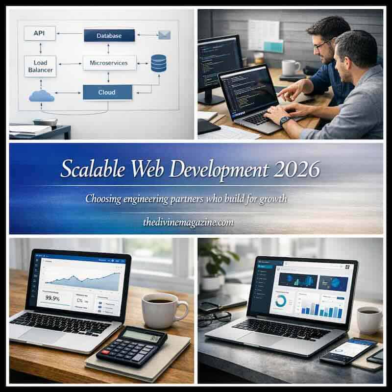 Team working on web application development with data charts and cloud infrastructure.