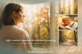 Woman looking out window during autumn, promoting mental health awareness.