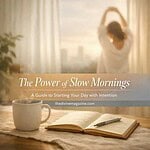Woman stretching by window with coffee and journal, embracing slow mornings for mindful start.