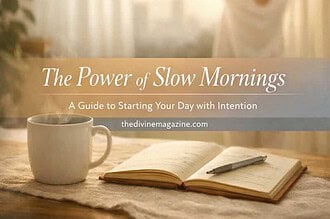 Woman stretching by window with coffee and journal, embracing slow mornings for mindful start.