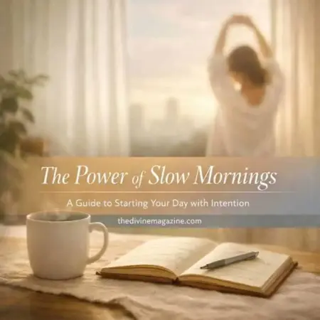 Woman stretching by window with coffee and journal, embracing slow mornings for mindful start.