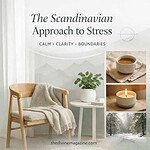 Scandinavian-inspired calm space with cozy chair, candle, and winter view.